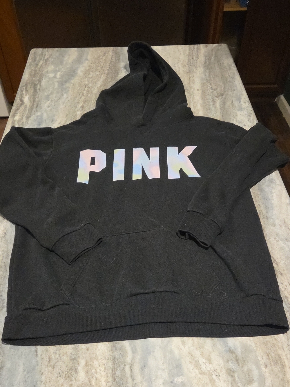 PINK Victoria's Secret Black Hoodie with Iridescent Logo *Missing Drawstring*